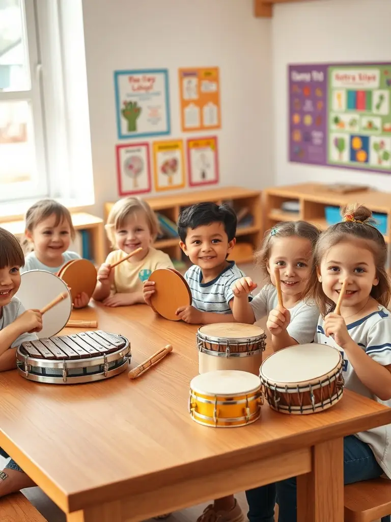 A picture of children experimenting with different musical instruments during an interactive workshop, highlighting the fun and engaging nature of the program.