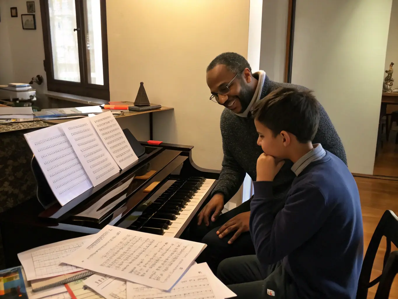 A heartwarming image of a JMF instructor guiding a young student during a one-on-one music lesson, emphasizing personalized attention and mentorship.