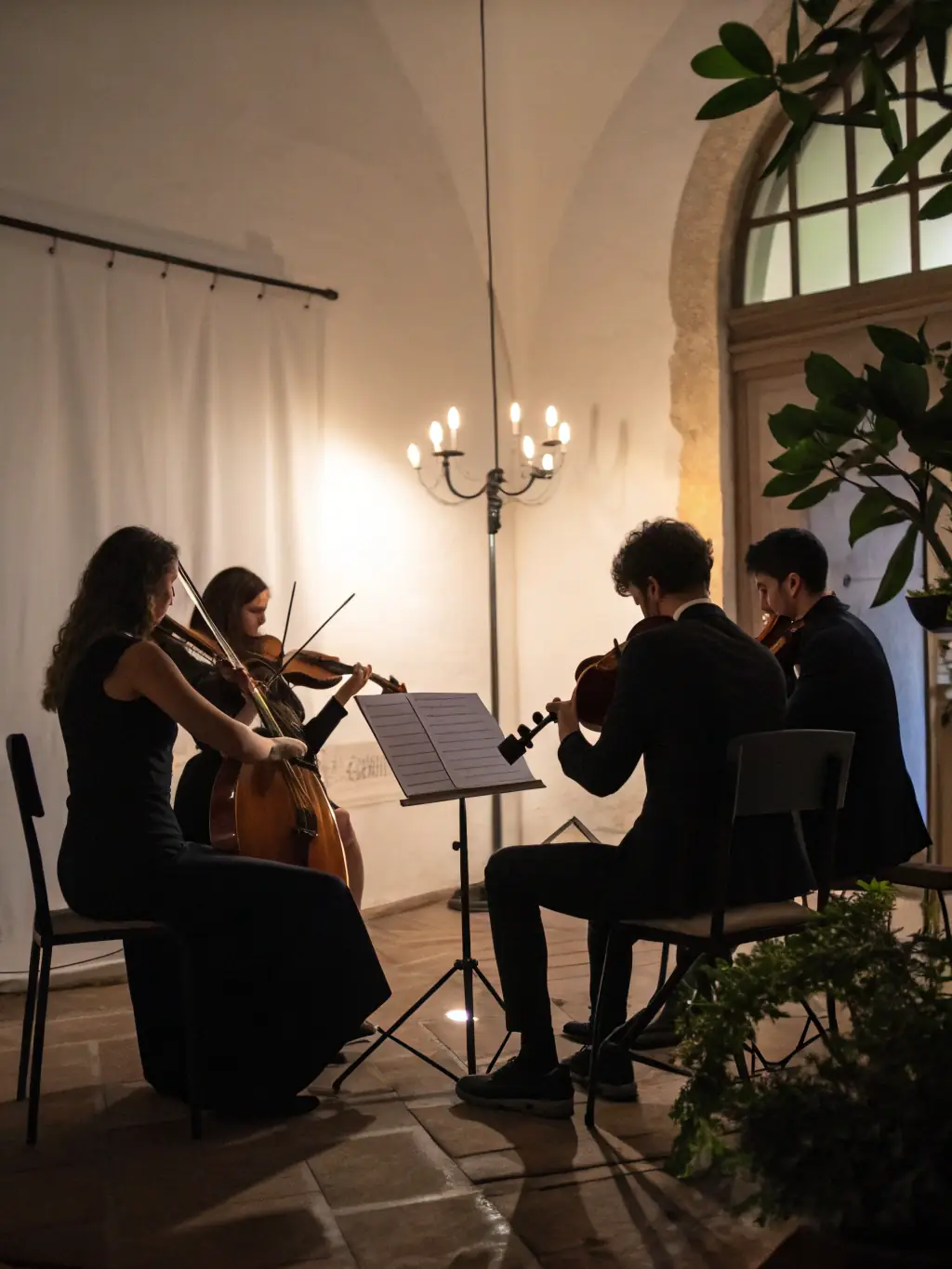 An image of young musicians participating in a string ensemble, focused on their instruments and sheet music, showcasing the collaborative aspect of the program.