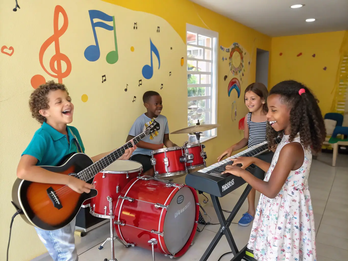 A heartwarming image of young participants collaborating on a musical project during a JMF summer camp, emphasizing teamwork and creative expression.