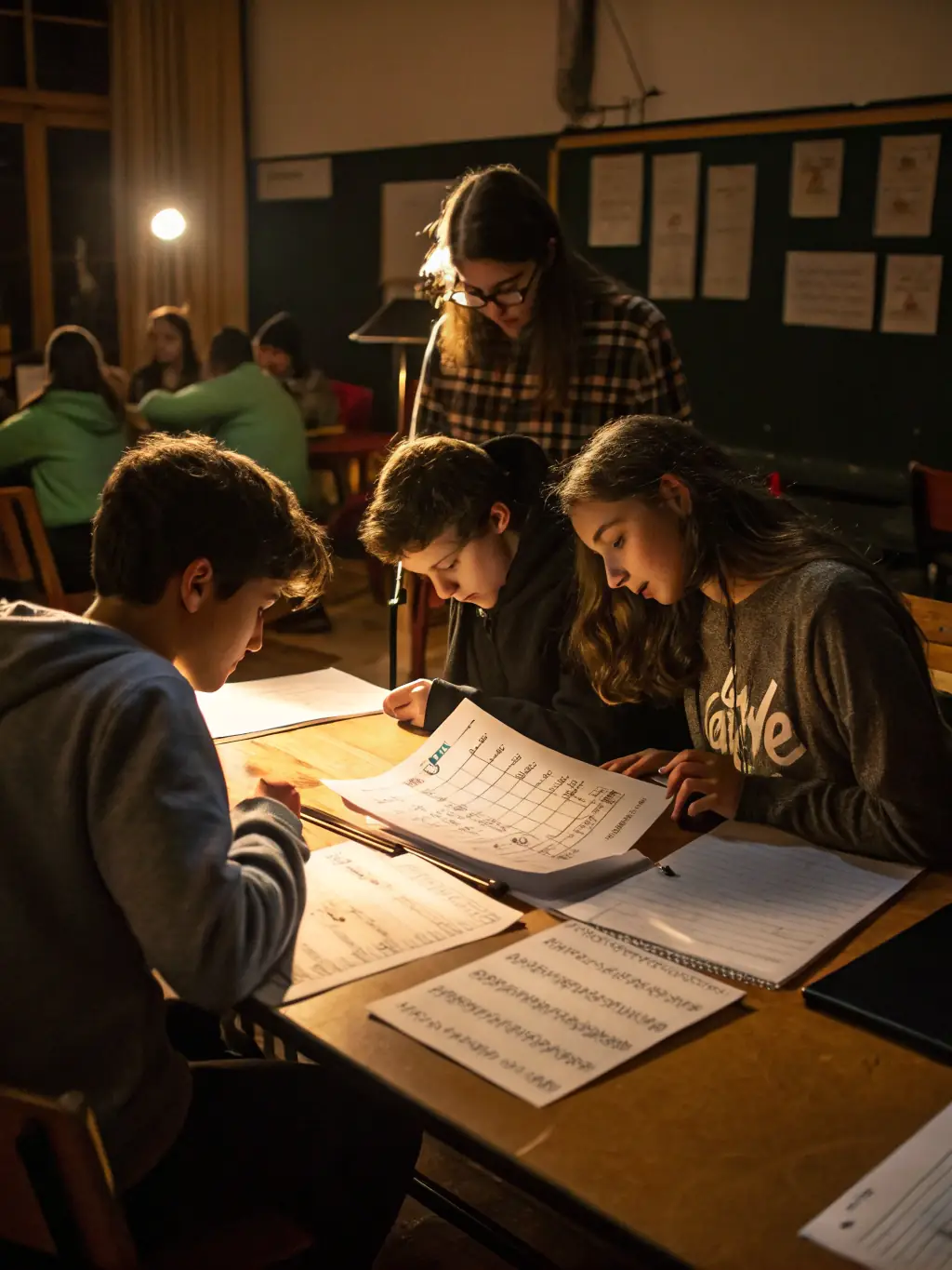 An image of students in a music theory class, learning about musical notation and composition, emphasizing the educational aspect of the program.