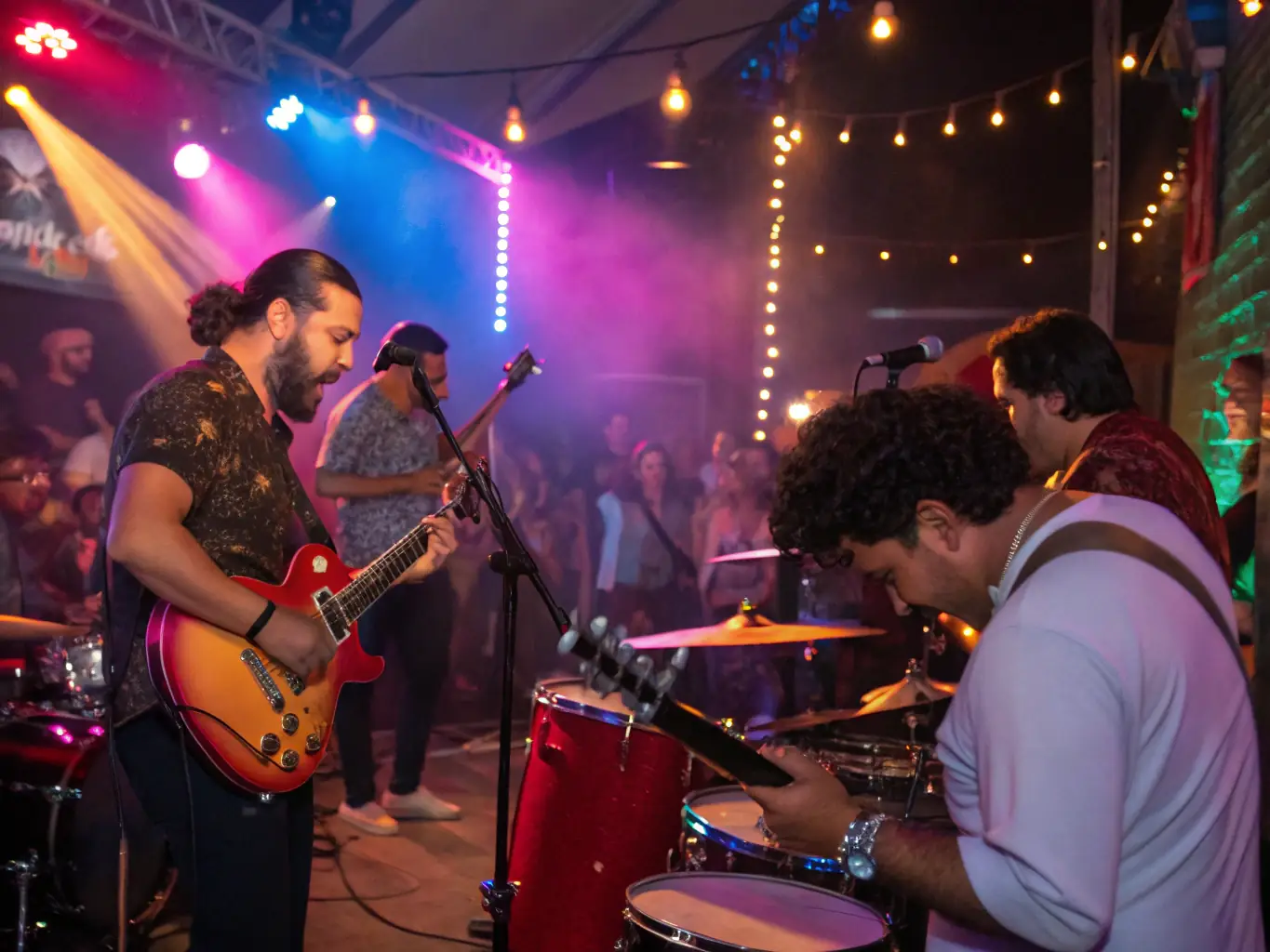 A vibrant photograph capturing a group of young musicians performing together on stage during a JMF-sponsored concert, showcasing their talent and passion.