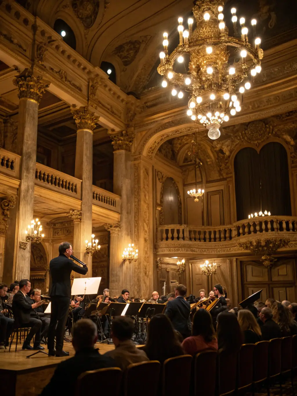 A photo of a conductor leading a youth orchestra during a performance, capturing the energy and excitement of live music.