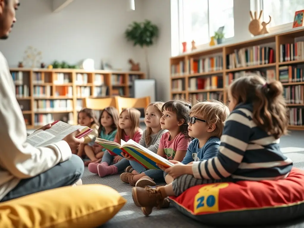 A heartwarming image showing children enjoying a musical storytelling session, emphasizing the power of music to inspire imagination and learning.