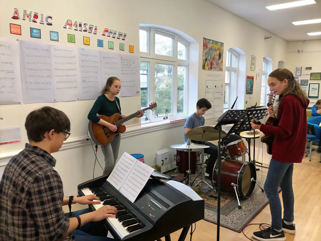 A vibrant image depicting a group of young musicians participating in a JMF workshop, showcasing their enthusiasm and engagement with musical instruments.