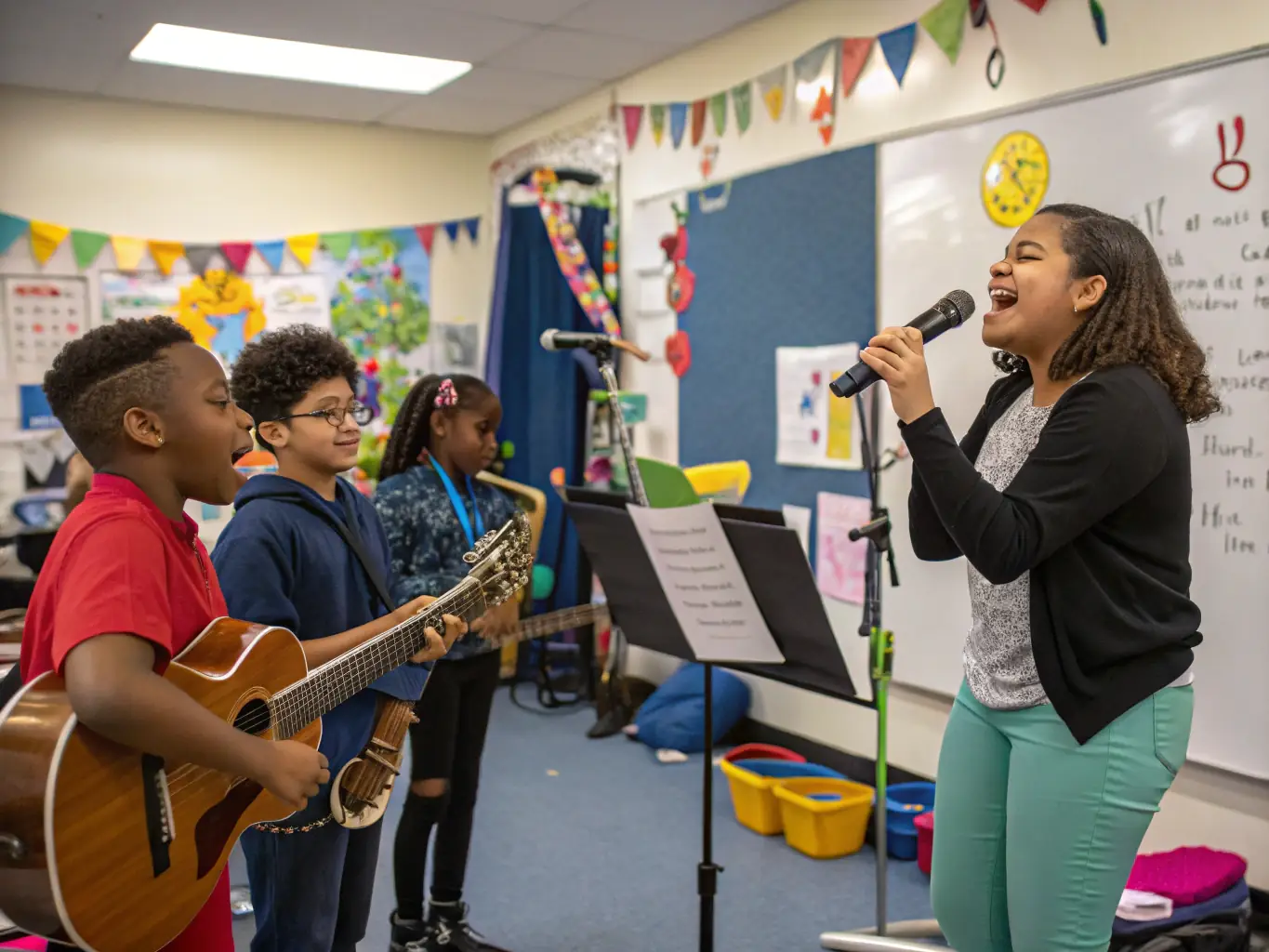 A dynamic shot of a JMF-organized music workshop in a school, where children are actively participating in interactive musical activities, highlighting our commitment to accessible education.